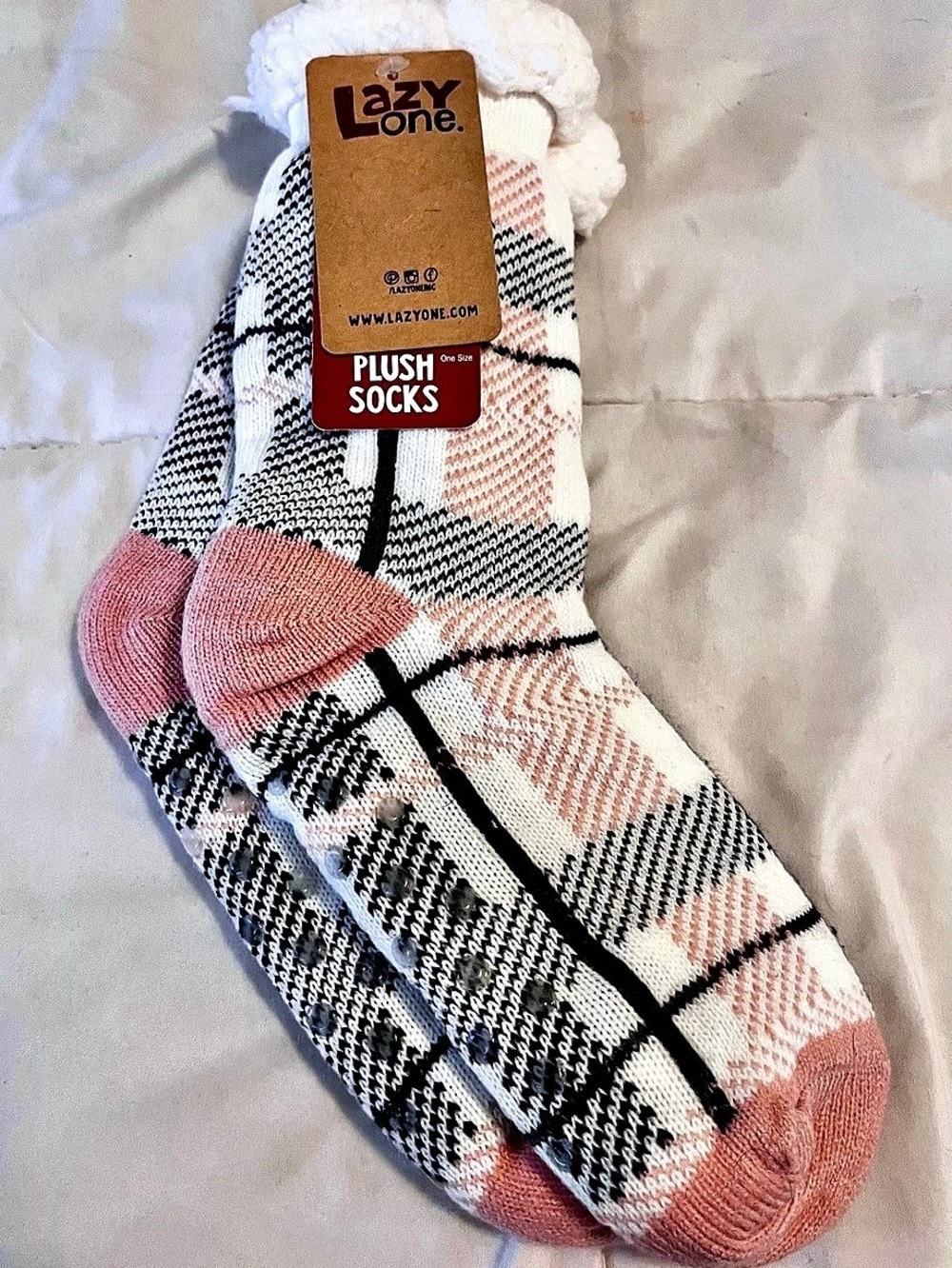 LazyOne White & Pink Plaid Plush Socks with grippers  one size  NWT